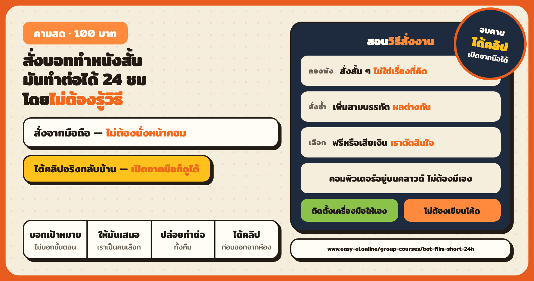 สั่งบอททำหนังสั้น มันทำต่อได้ 24 ชม · โดยไม่ต้องรู้วิธีทำ