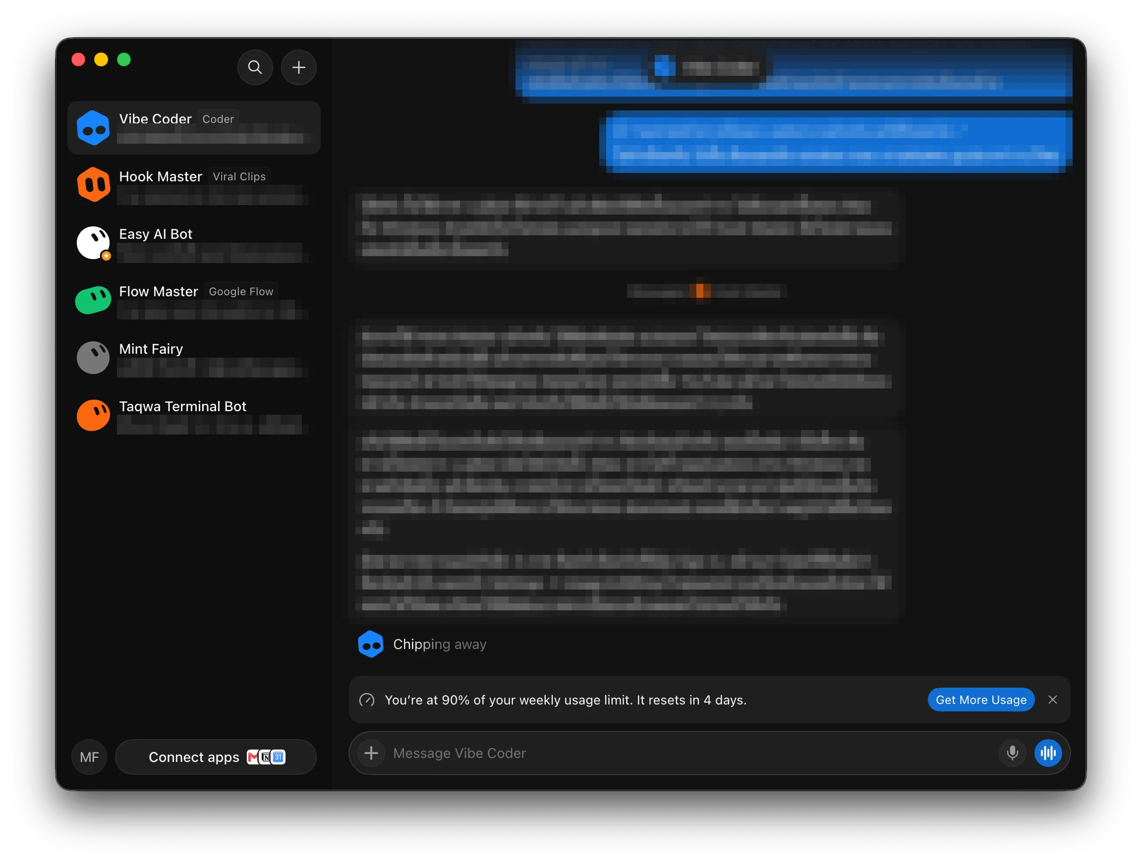หน้าหลักของแอป Grok Bot บน Mac มีรายชื่อบอทอยู่ด้านซ้าย ห้องแชตอยู่ตรงกลาง แถบแจ้งโควตาการใช้งาน และช่องพิมพ์ข้อความด้านล่าง