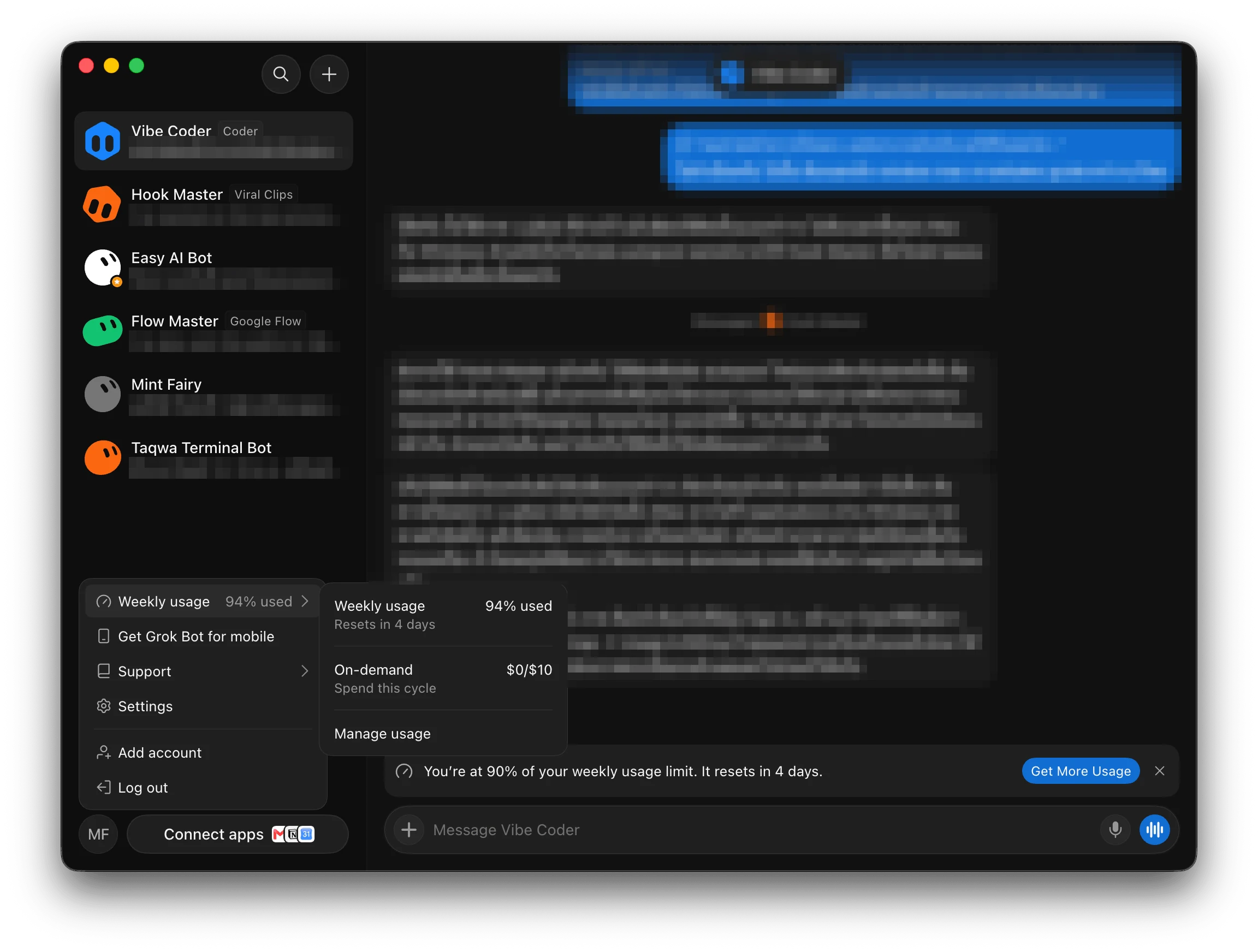 เมนูโปรไฟล์มุมซ้ายล่างของแอป Grok Bot แสดง Weekly usage เป็นเปอร์เซ็นต์ ยอด On-demand และเมนู Settings