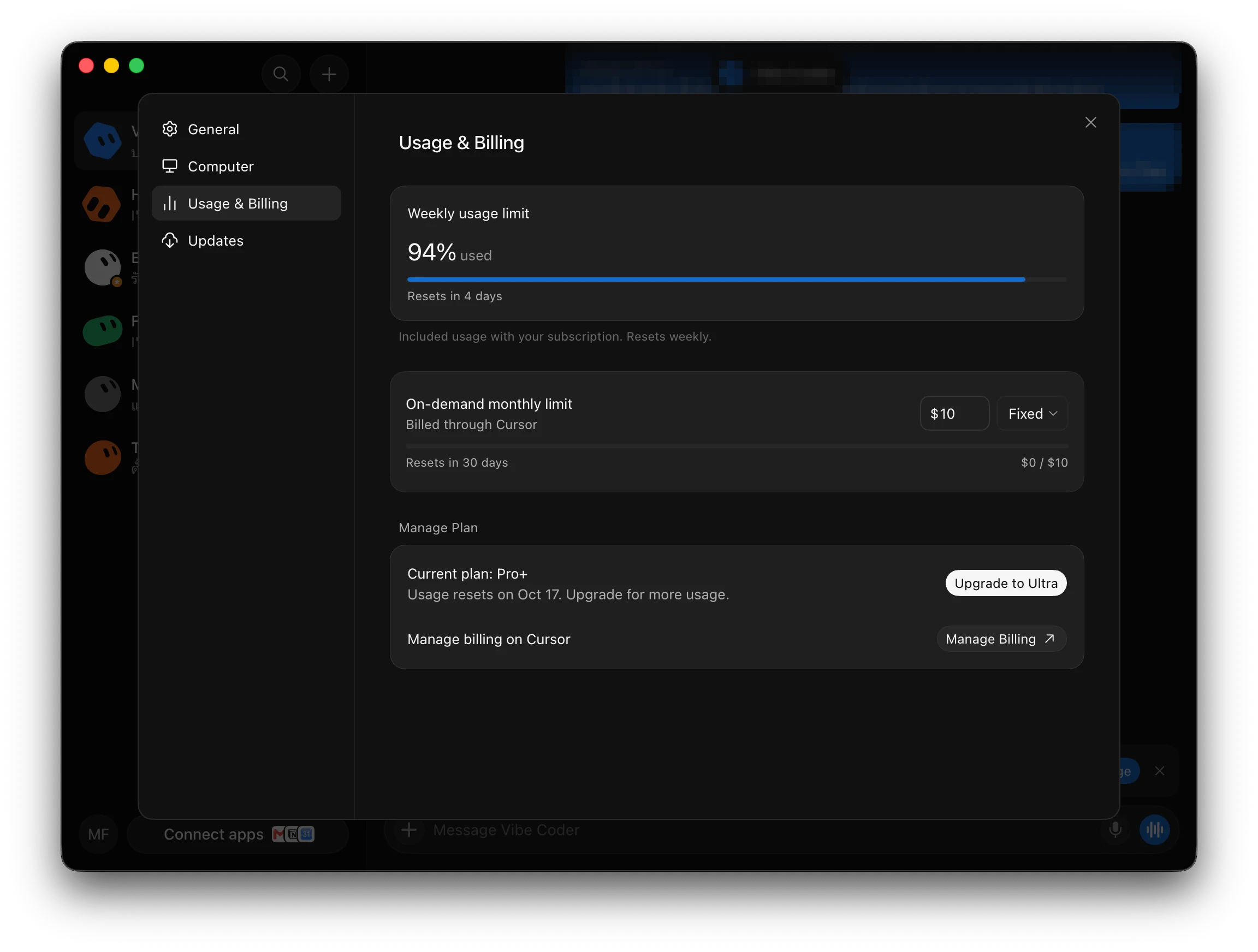 หน้า Settings ส่วน Usage & Billing ในแอป Grok Bot แสดงโควตารายสัปดาห์ เพดานค่าใช้จ่ายเพิ่มรายเดือน แพ็กเกจปัจจุบัน และปุ่ม Manage Billing