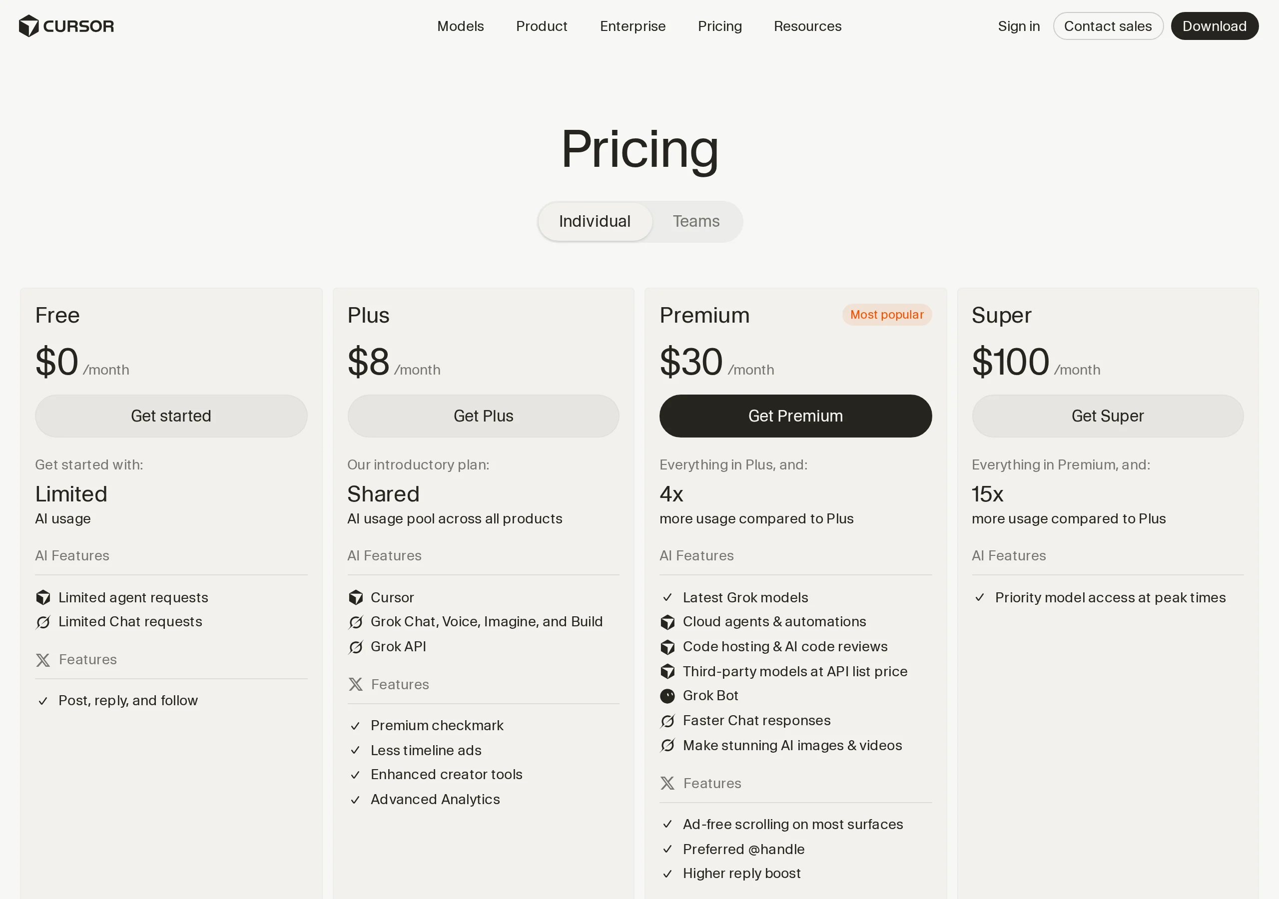 หน้าราคาทางการ cursor.com/pricing แพ็กเกจ Free, Plus, Premium และ Super โดย Premium มี Grok Bot อยู่ในรายการ