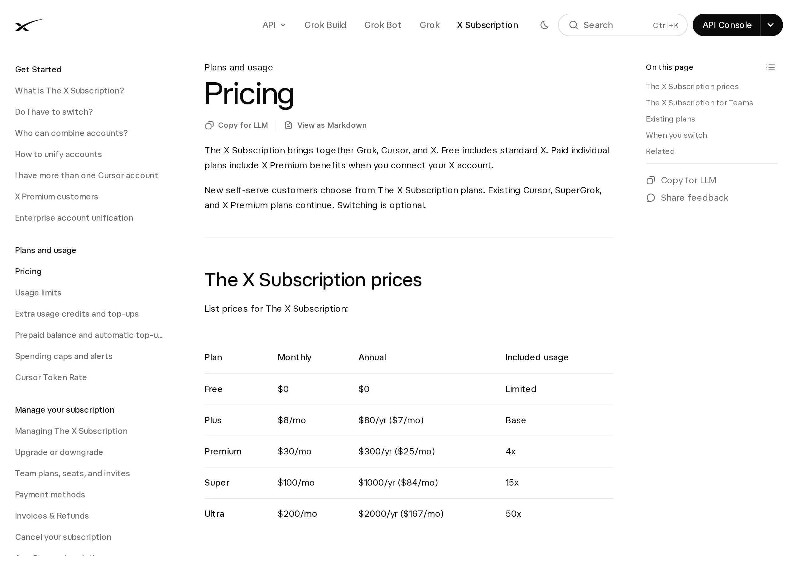 ตารางราคา The X Subscription จากเอกสารทางการ docs.x.ai ราคารายเดือนและรายปีของแต่ละแพ็กเกจ