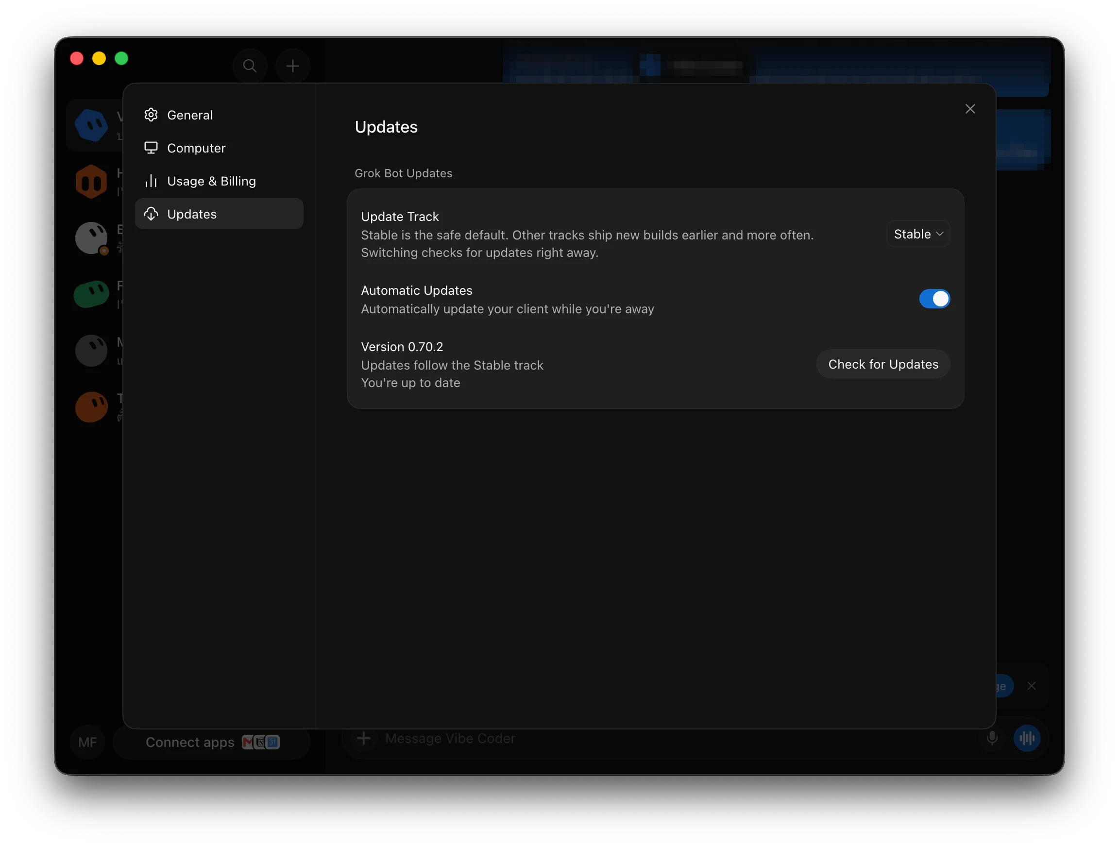 หน้า Settings ส่วน Updates ในแอป Grok Bot แสดง Update Track แบบ Stable การอัปเดตอัตโนมัติ เลขเวอร์ชัน และปุ่ม Check for Updates