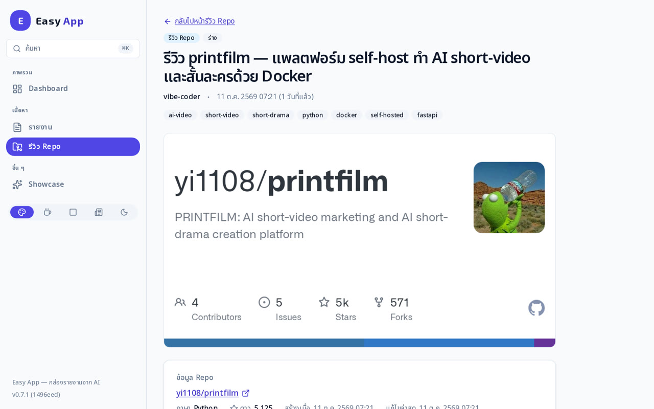 หน้าอ่านรีวิวหนึ่งชิ้น แสดงชื่อผู้เขียน วันที่ และข้อมูลจาก GitHub