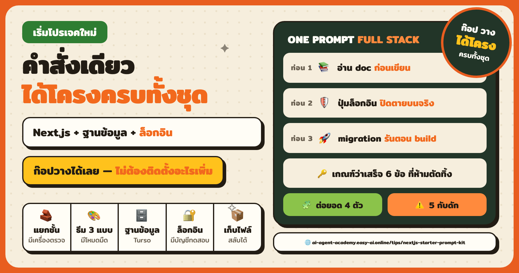 ชุดคำสั่งเริ่มโปรเจค Next.js — ก๊อปวางครั้งเดียวได้โครงครบ ไม่ต้องจ่ายสักบาท